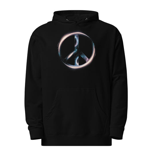 Black Hoodie with peace sign. Space themed. Front Side