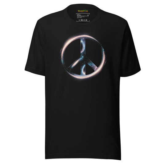Black Shirt with peace symbol. Space/Galaxy themed. Front Side