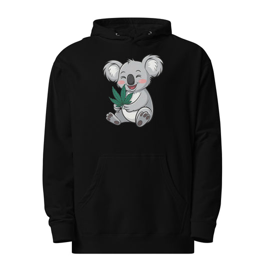 Black Unisex Hoodie with a Happy Koala holding a weed/marijuana leaf. Front View