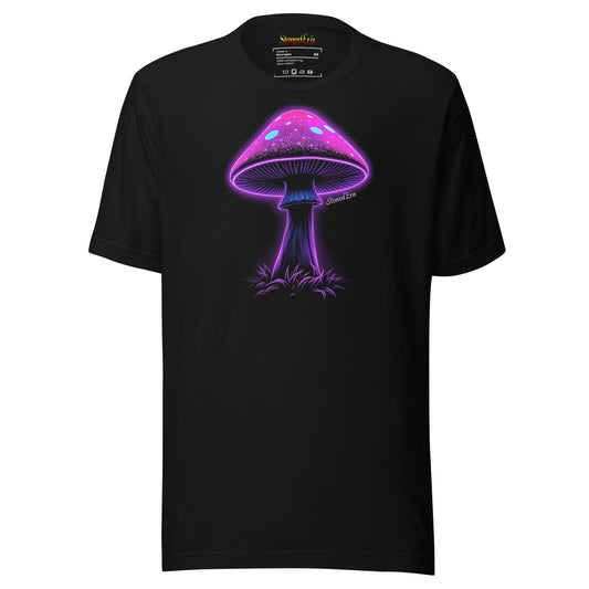 Black Unisex Mushroom Tee Shirt. Purple neon theme. Trippy