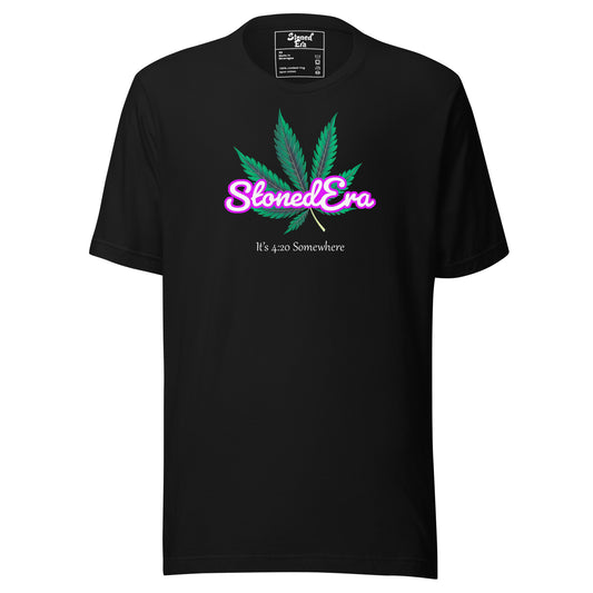 Black Unisex Tee Shirt with a Weed Leaf and "StonedEra." It's 4:20 Somewhere. OG StonedEra Hoodie. Weed. Mushrooms. Marijuana.Dank.420. Weed Shirt. Ganja. Weed Brand. Space. High. Lifted.