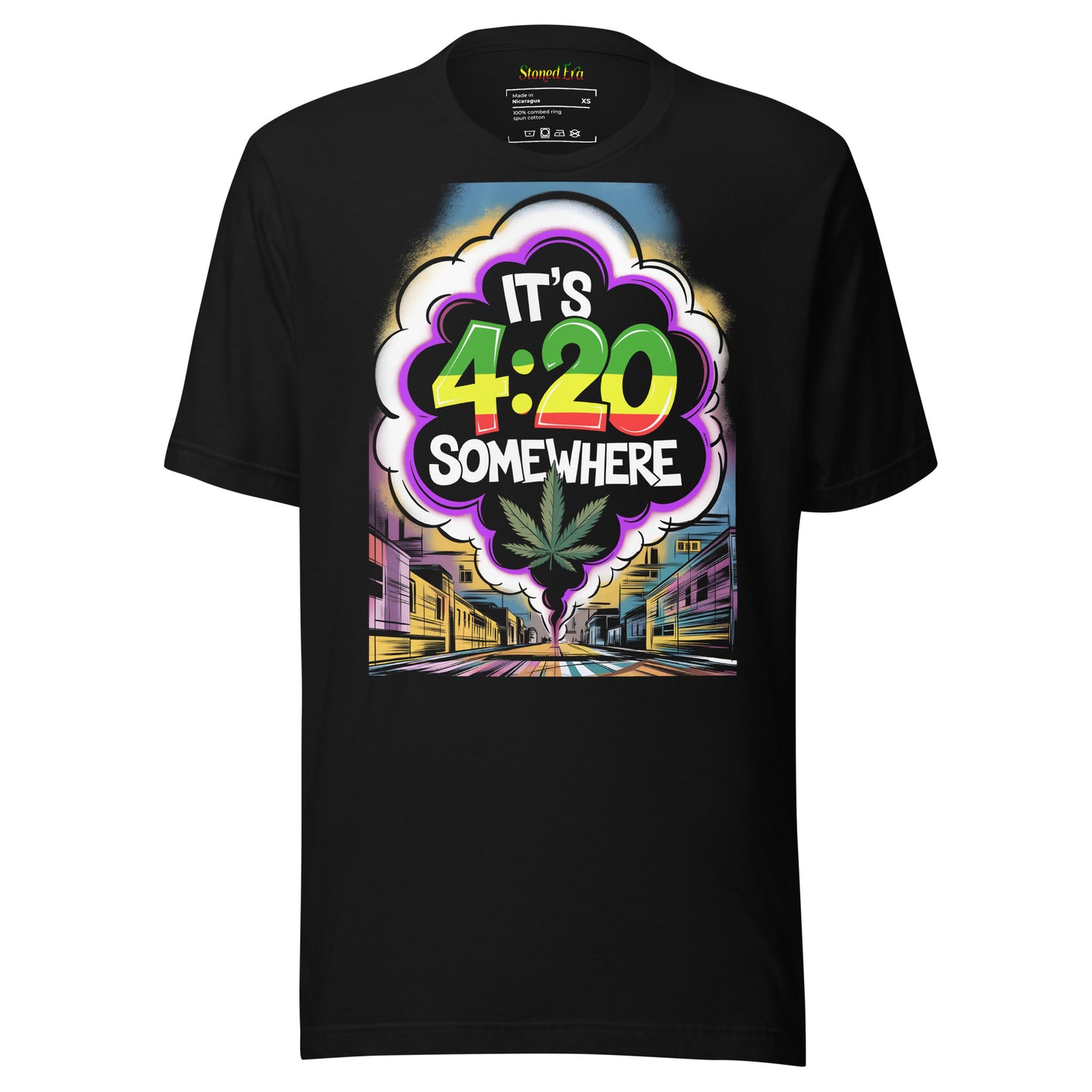 Black Unisex Tee Shirt. It's 4:20 Somewhere.Weed Leaf. Graffiti. Front View