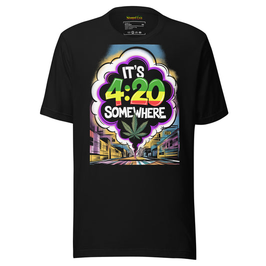 Black Unisex Tee Shirt. It's 4:20 Somewhere.Weed Leaf. Graffiti. Front View