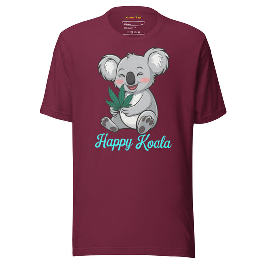 Maroon Unisex Tee Shirt with a Happy Koala holding a weed/marijuana leaf. Front View